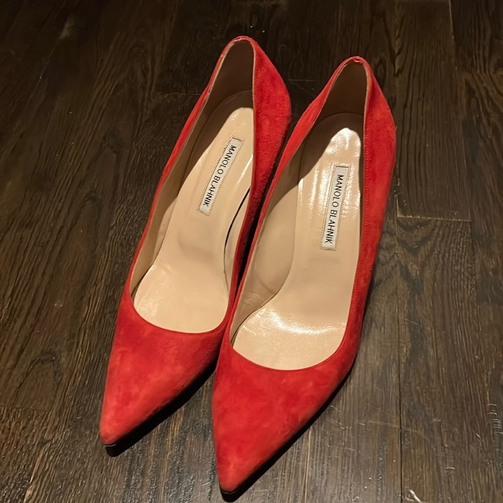 Manolo Blahnik red suede heels